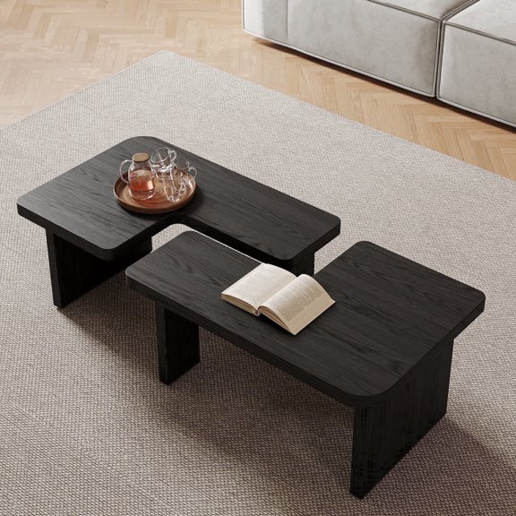 FHKJ 2-Piece Black Coffee Table for Living Room, Adjustable Square Wood Center Table, Modern Small Tables