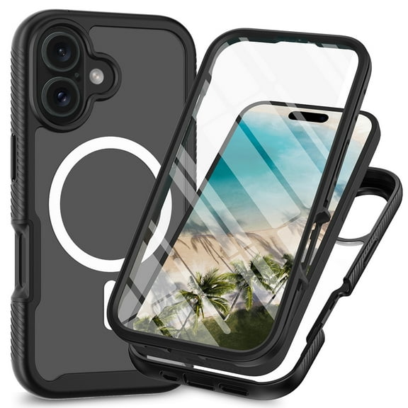 Magnetic for iPhone 16 Plus Case, [Compatible with MagSafe] [Built-in Screen Protector] Dustproof Full Body Shockproof Transparent Phone Case Cover for iPhone 16 Plus - Black