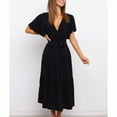 thumbnail image 5 of ChaoHeng Dresses for Women Clearance $5 Short Sleeve Dresses Plus Size Women's Casual Fashion Solid Color V-Neck Lace-up Flared Sleeve Splicing Dress, 5 of 6
