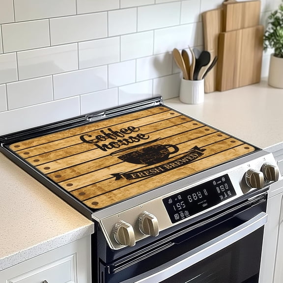 Coffee House Stove Top Cover Glass Cooktop Heat Resistant Cover,Coffee Cup Wooden Ceramic Stove Top Covers Mat Prevents Scratching Stoves/Counter/Washer Protector,28x20 in