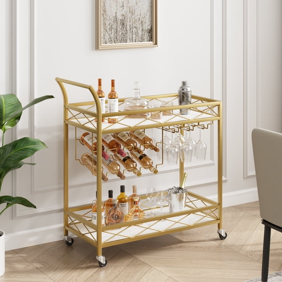 Kicctian Gold Bar Cart with Wine Rack & Glass Holder – 2-Tier Rolling Serving Cart, White Marble Wooden Shelves for Home, Kitchen, Dining, Living Room