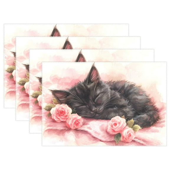 Cat Flowers 12×18 inch Placemats Heat Resistant Washable Foldable Rectangular Placemats Set Decoration Indoor Outdoor for Kitchen Dining Table 1PC