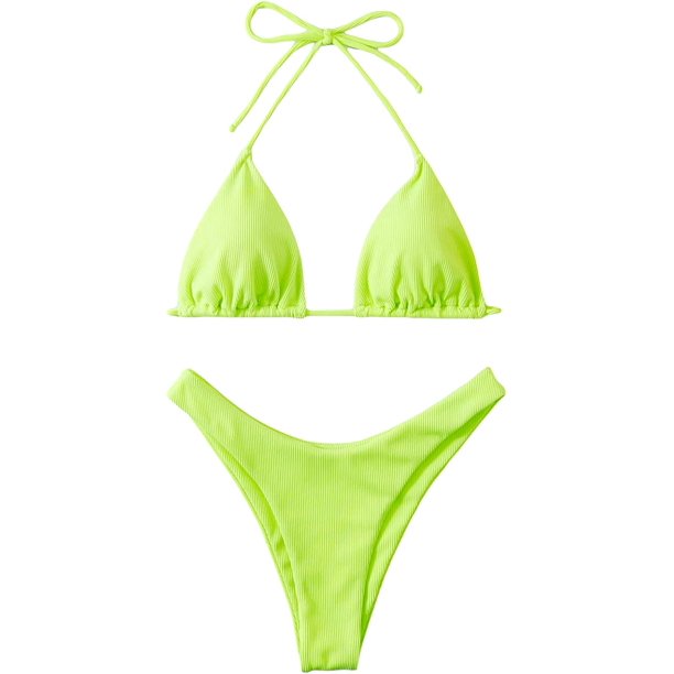 Conjunto de bikini de corte alto para mujer, 2 piezas, microtriángulo, traje de baño de cuerda Verde lima M Verde lima M Xishao ropa