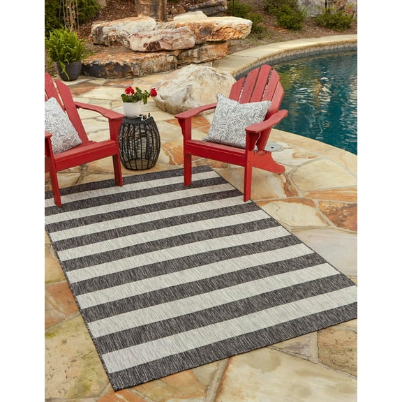 Unique Loom Outdoor Striped Collection Area Rug - Distressed Stripe (5' 1" x 8' Rectangle Charcoal Gray/Ivory)