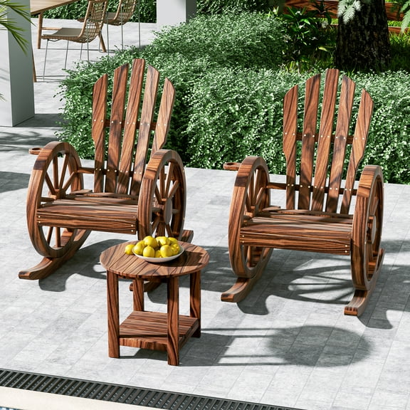 HARIPUL 3 Pieces Outdoor Wood Rocking Chair Set, 2 Patio Glider Rocking Chairs with 1 Side Table, Adirondack Rocking Chair for Patio & Garden, Brown