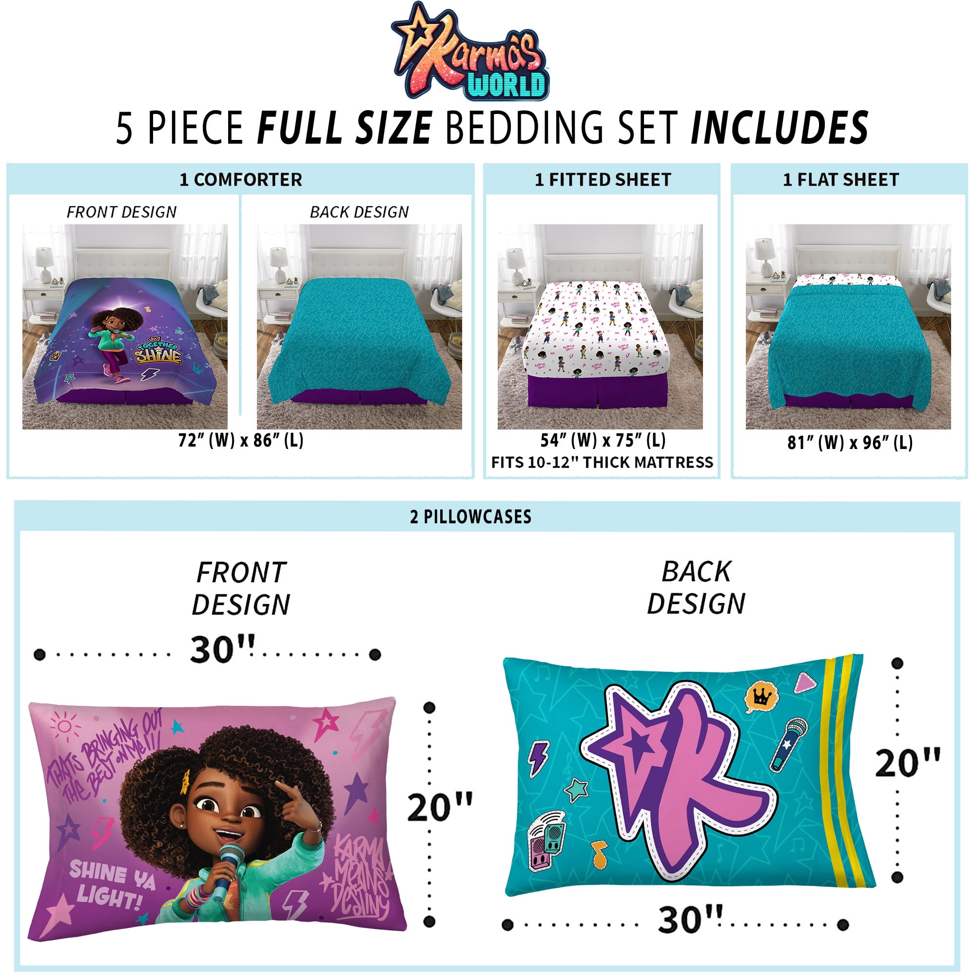 Karma's World Kids Full Bed in a Bag, Comforter and Sheets, Purple and Teal