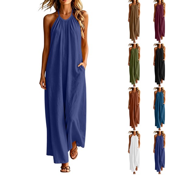 Tqcoqu Sleeveless Long Dress for Women,Boho Halter Maxi Sundress Casual Loose Dresses,Army Green Women's S-XXL