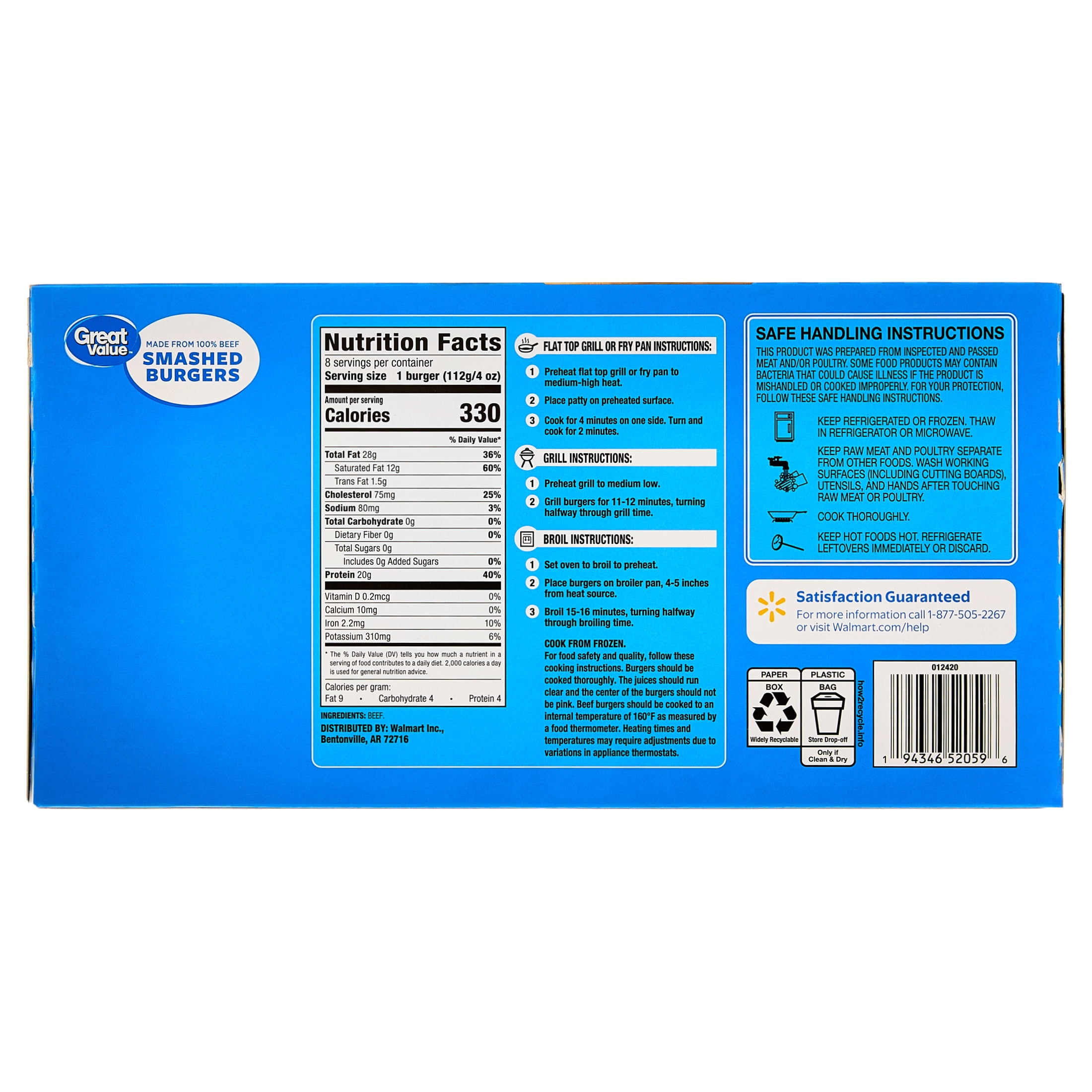 Great Value Smashed Burgers, 2 lbs (Frozen)