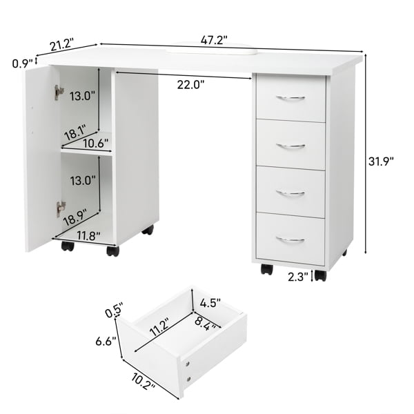 White Double Edged Manicure Nail Table with Drawer & Wrist Rest - E1 MDF, for Beauty Salons & Spas