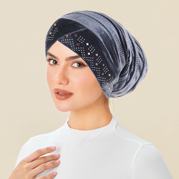 Women's Bucket Hat under $5! Yrmaups Women's Velvet Rhinestone Turban Hat, Muslim Head Wrap Foldable Stackable Hat, Fashion Winter Cap for Women, Elegant Headwear, Daily Use Hat