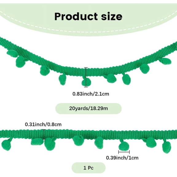 20 Yards Green Pom Poms Pibbon Fringe Trim Floral Edges Tassel Christmas Garland Decorative Pompoms Fuzzy Lace Ruffle Weave Wreath Ribbon for Sewing Making Pillow Crafts Clothes Home Decor