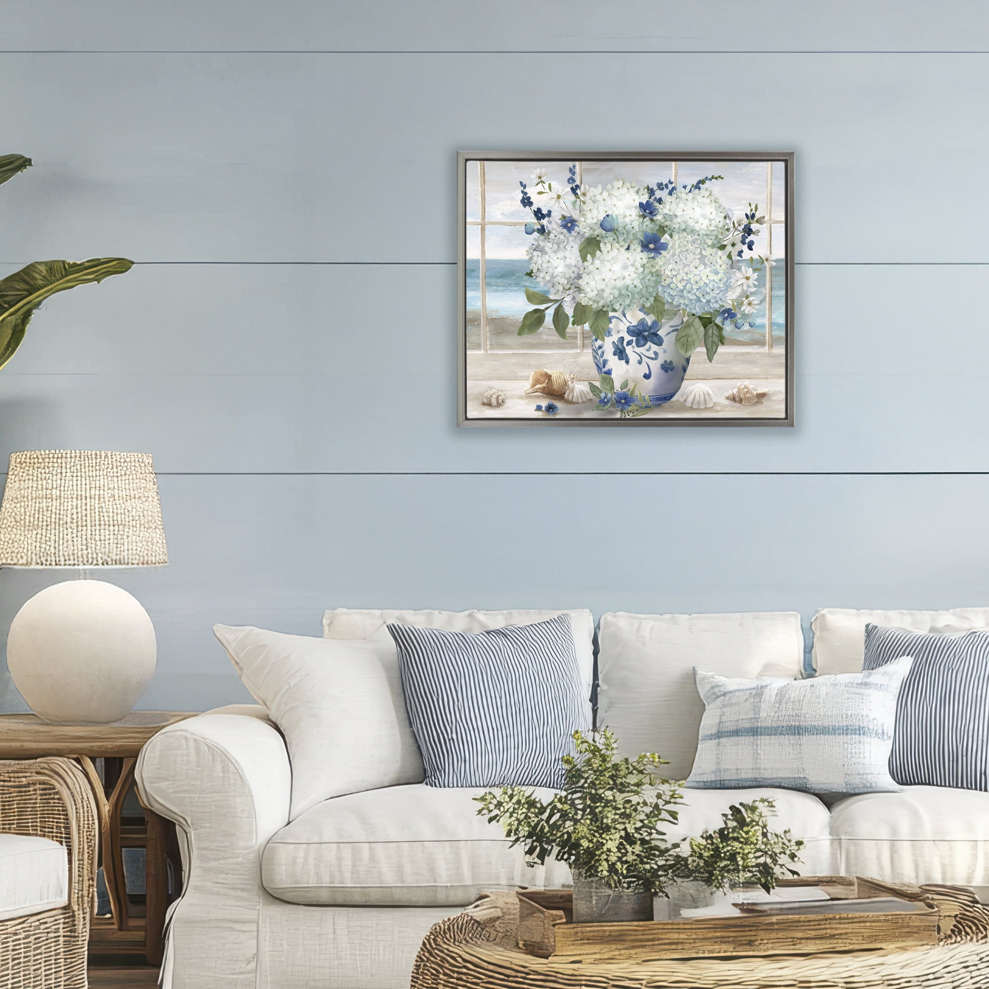 Stupell Industries Seaside Hydrangea Bouquet in Window Gray Framed Floater Canvas Wall Art, design by Nan