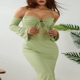 thumbnail image 4 of Femmes Été Élégant Robe Midi Licol Sangle Tie-up Coupe Basse Manches Longues Fishtail de Couleur Unie Partie Robe, 4 of 6