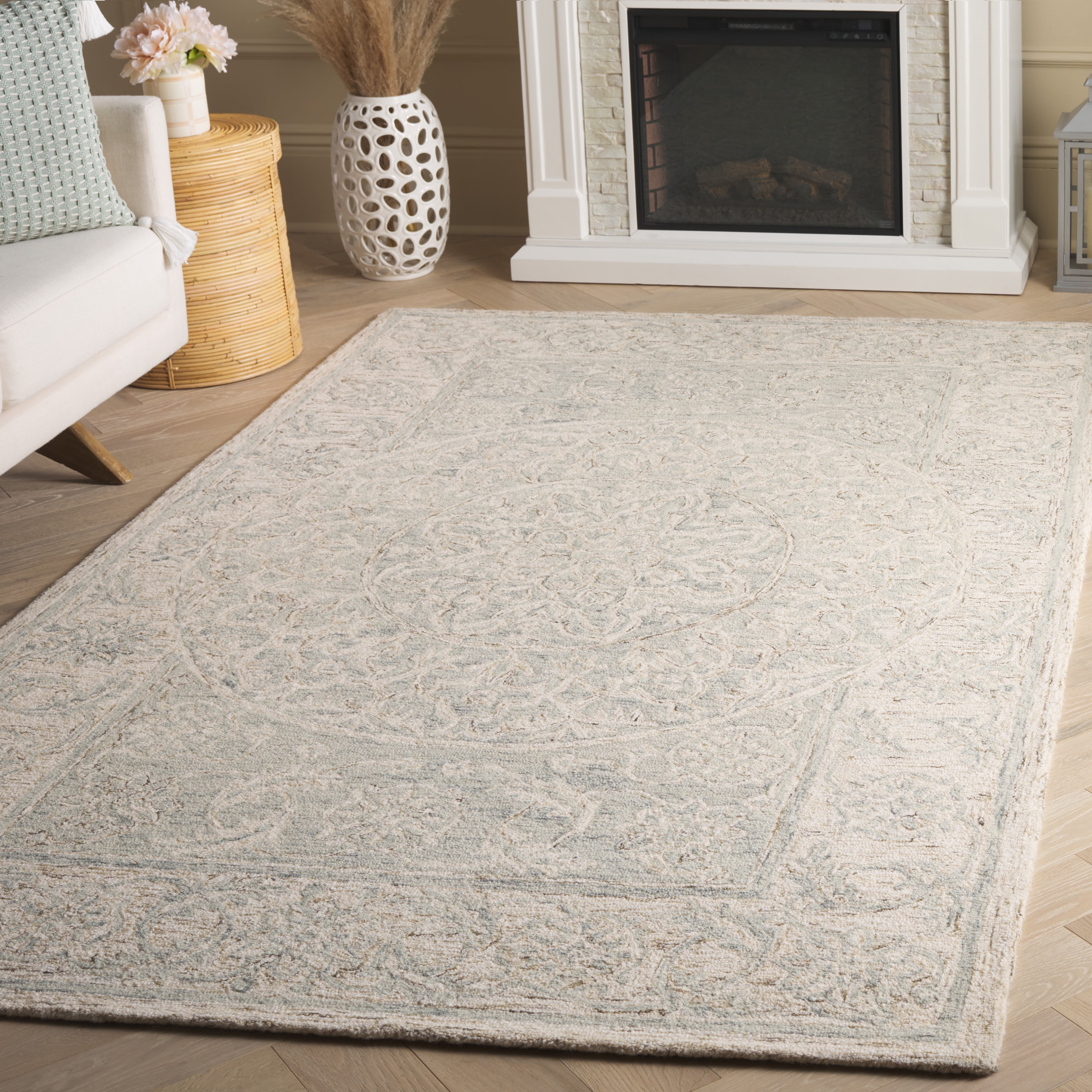 SAFAVIEH Micro-Loop Mana Medallion Area Rug, Light Blue/Beige, 6' x 6' Square