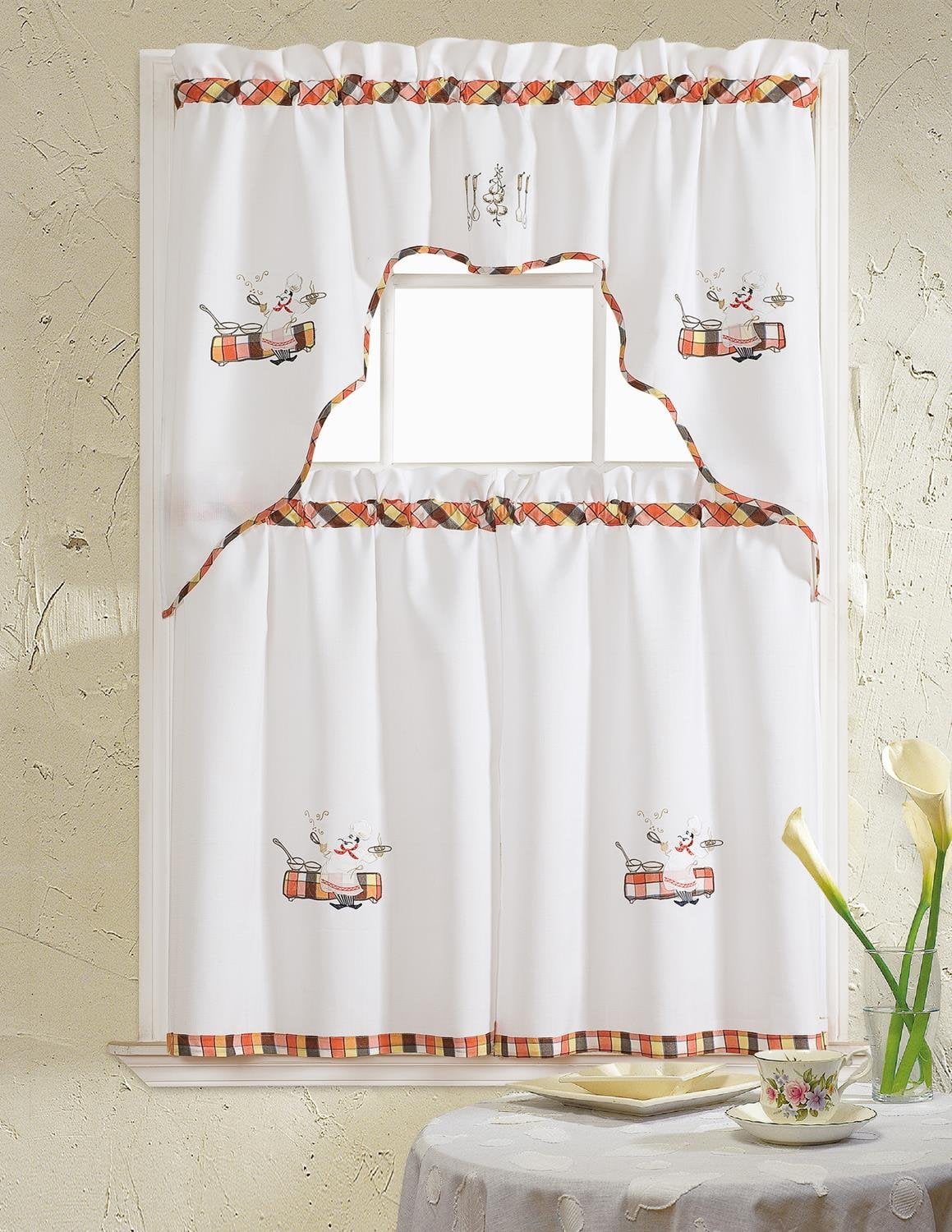 Grand Chef Embroidered Tier and Swag Kitchen Curtain Set