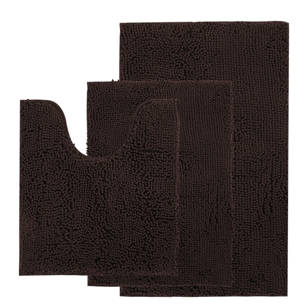 AOACreations Bathroom Rugs Luxury Ultra Soft Chenille Bath Mat 3 Piece Set, Dark Brown Walmart