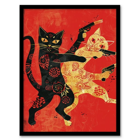 Artery8 Cat Fight Fun Lover Red Black Japanese Style Living Room Bathroom Art Print Framed Poster Wall Decor 12x16 inch