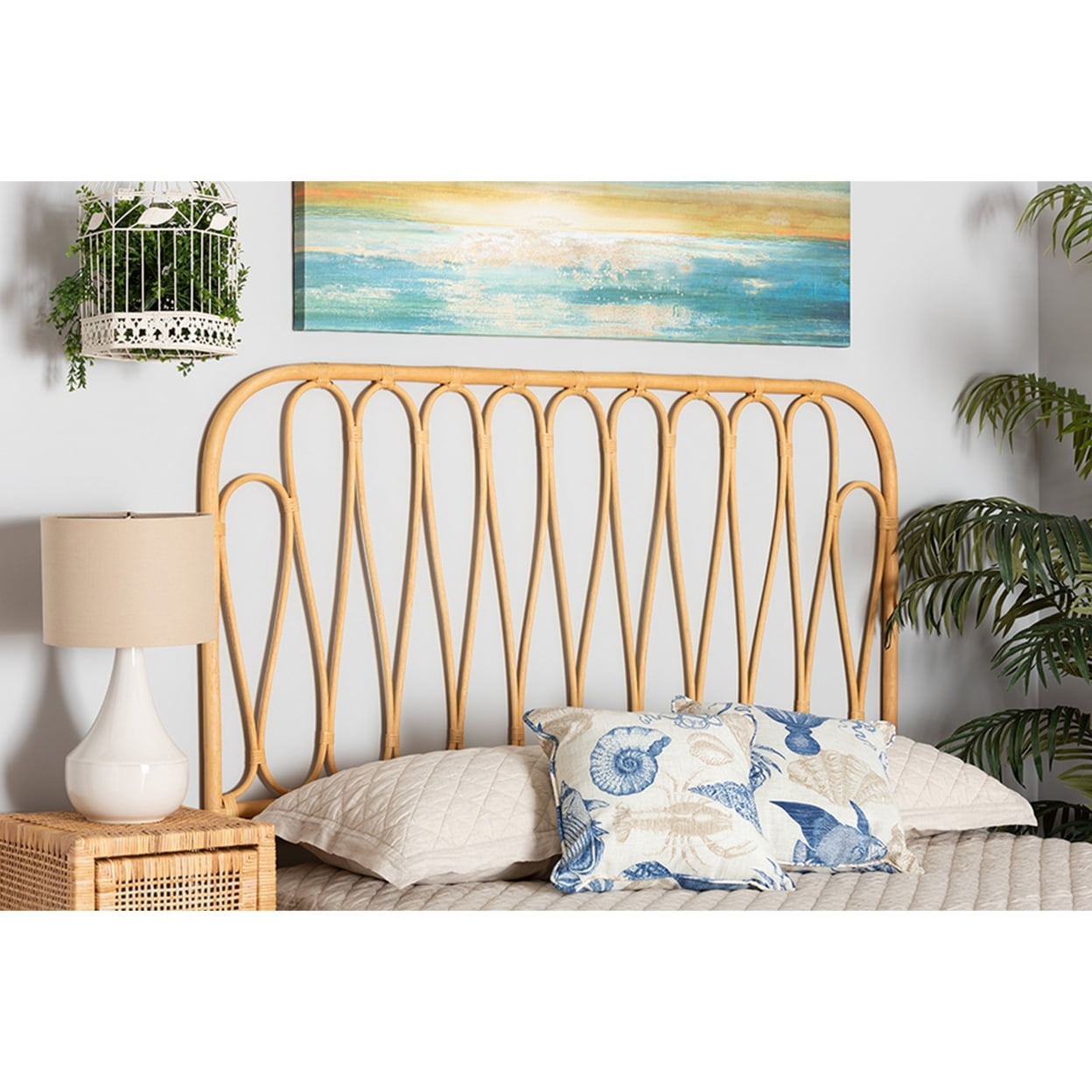 Baxton Studio Carrick Modern Bohemian Natural Brown Rattan Queen Size Wall-mount Headboard