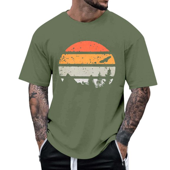 Rggeeun Men'S T-Shirt Cartoon Elegant Sunset Print Short Sleeve Crew Neck Knit Breathable Relaxed Fit For Club Party Trendy Tee,Army Green,L