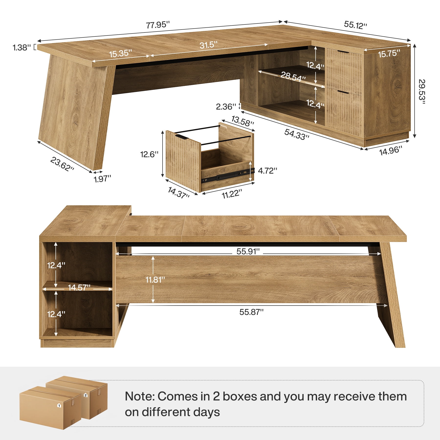 Fnova 77" Large L-Shaped Executive Office Desk with File Drawers and Storage Shelves, Modern Computer Desk Writing Desk for Home Office