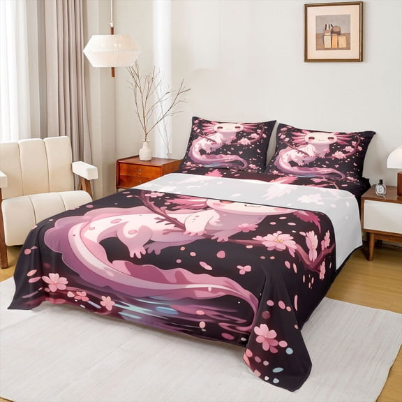 Homewish Lovely Salamander Twin Sheet Sets,Pink Cherry Blossom Twin Fitted Sheet,Cute Cartoon Axolotl Flat Sheet For Boys Girls,Super Cozy Room Decor,3-Piece
