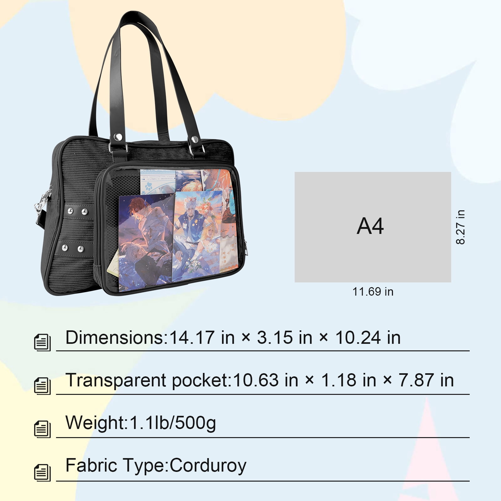 ZingZaak Kawaii Ita Bag Crossbody, Pin Purse, Messenger Bag Pin Display,Shoulderbag with Transparent Incert, Corduroy (black)