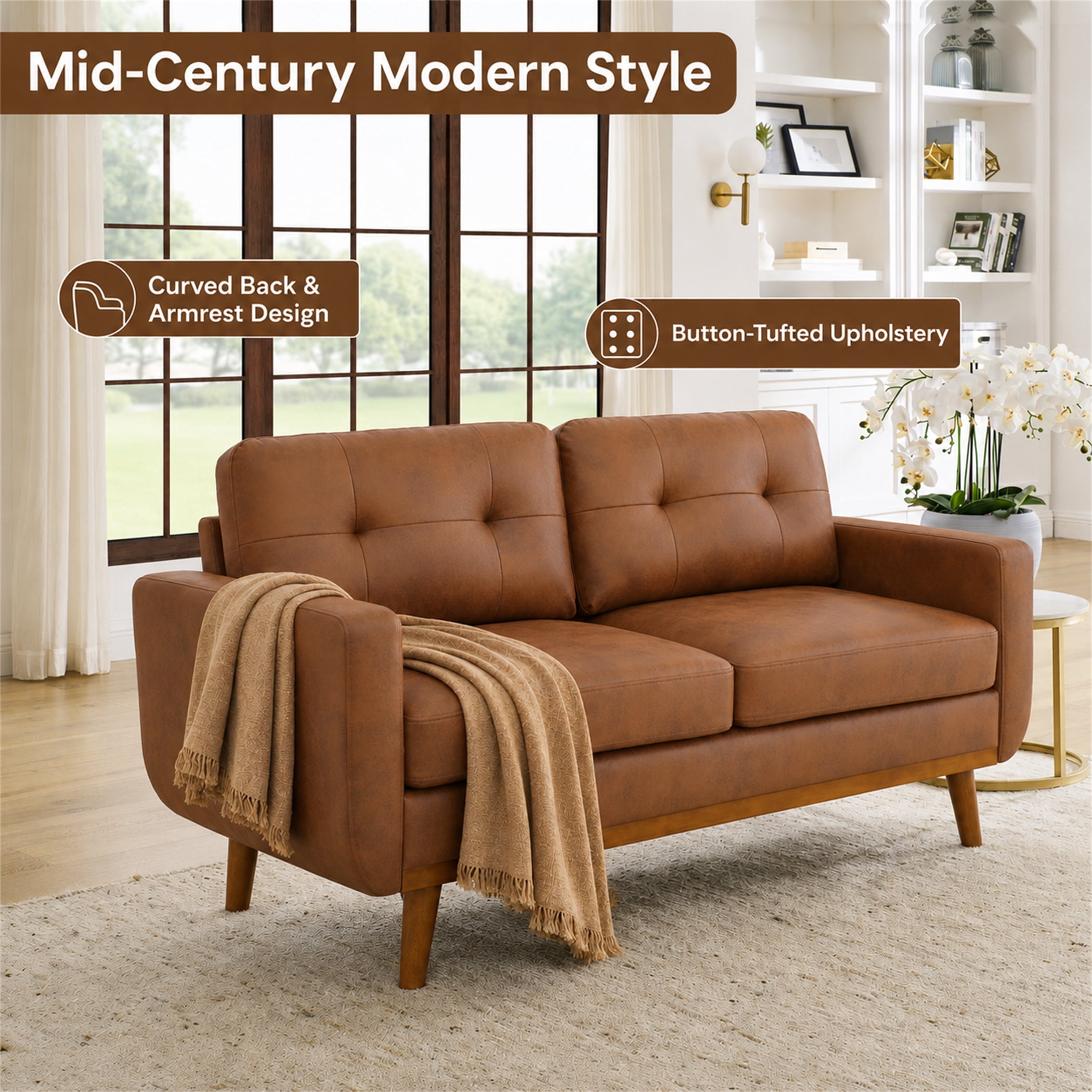 Aukfa 65" Small Sofa Loveseat Couch Comfy Mid Century Modern Sofa for Living Room Bedroom, Foil Fabric, Brown