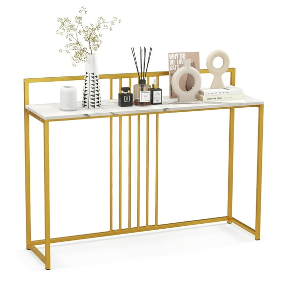 Costway 47" Golden Metal Frame Foyer Table Modern Faux Marble Top Console Table with Baffle