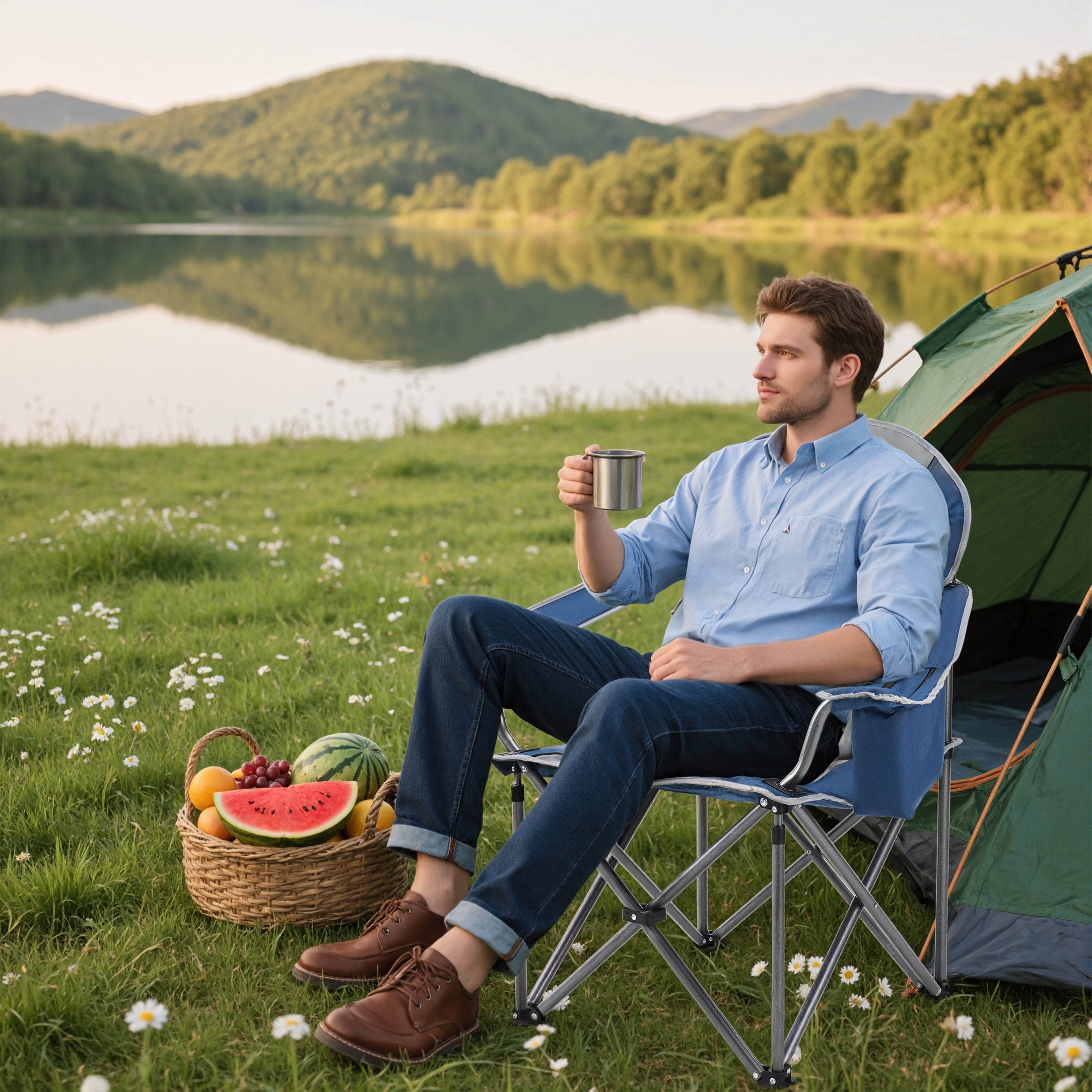 EDX Oversized Camping Folding Chair, Heavy Duty Padded Chair with Cup Holder Storage and Cooler Bag, 500 lbs Steel Frame, Portable for Outdoor,Blue Gray
