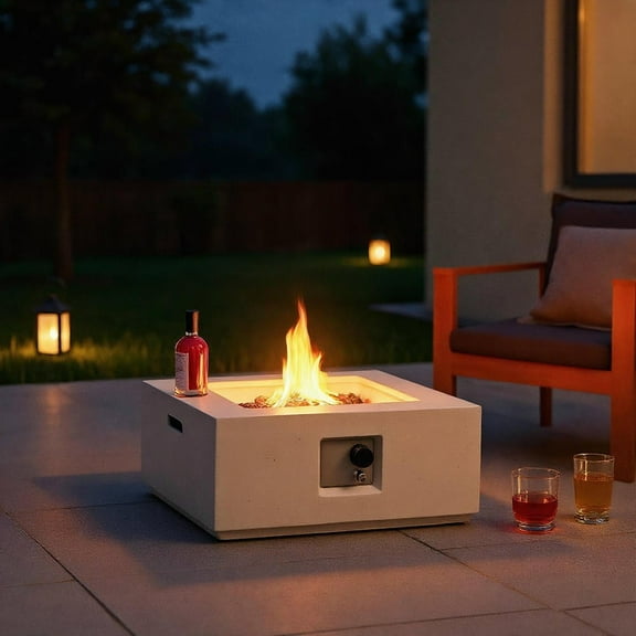 Resenkos Fire Pit, Fire Bowl,Outdoor Firepit,28 Inch 40000 BTU Square Propane Gas Fire Pit with PVC Cover-White