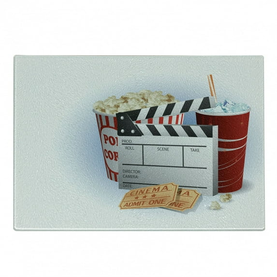 Movie Theater Cutting Board, Soda Tickets Fresh Popcorn and Clapper Board Blockbuster Premiere Cinema, Decorative Tempered Glass Cutting and Serving Board, Small Size, Multicolor, by Ambesonne