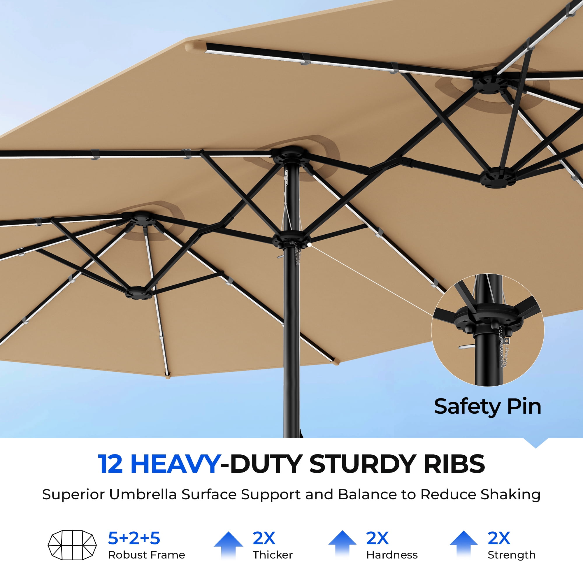 TASKBAY Patio Umbrella 48 LED Colorful Lights, 15ft Double Sided Outdoor Large Rectangular Patio Umbrella with Crank Handle, for Lawn Garden, Home, Outdoor Activities, Beige(with Base)