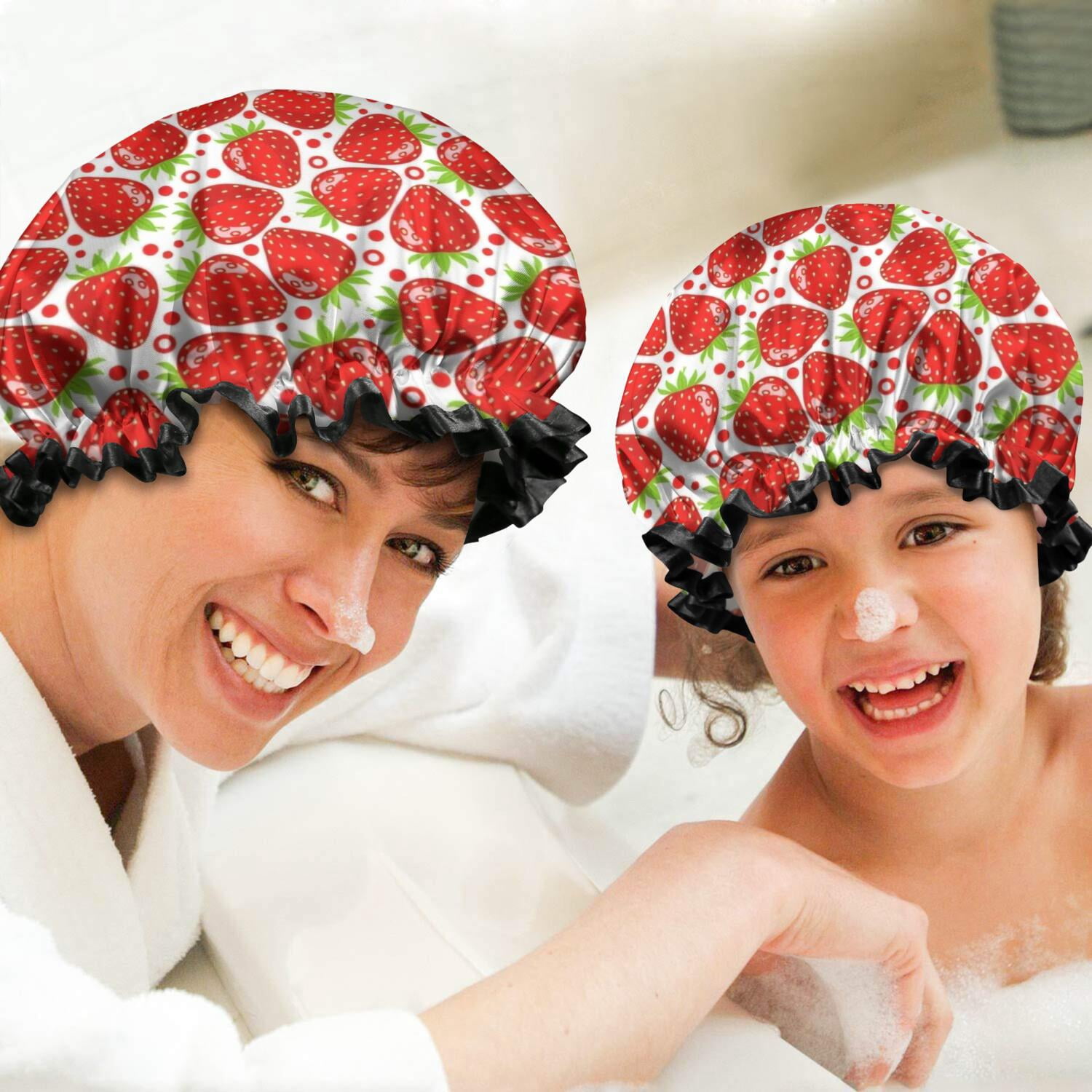 Shower Caps,Red Strawberry Plants Fruit Dot Waterproof Shower Cap for Women 4 Pieces,Double Reusable Hair Cover for Shower PEVA Elastic Stretch Hem