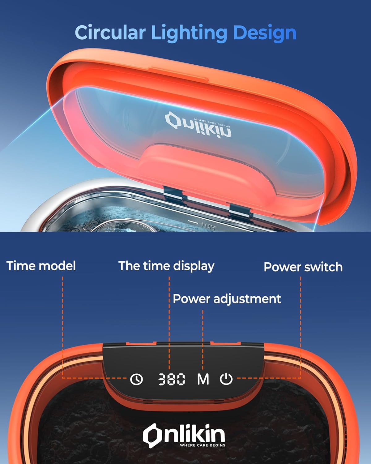 Ultrasonic Jewelry Cleaner 35W 45KHz – for Retainers, Eyeglasses & Dentures, 20oz 304SS Tank, 5 Timer Modes (Orange)