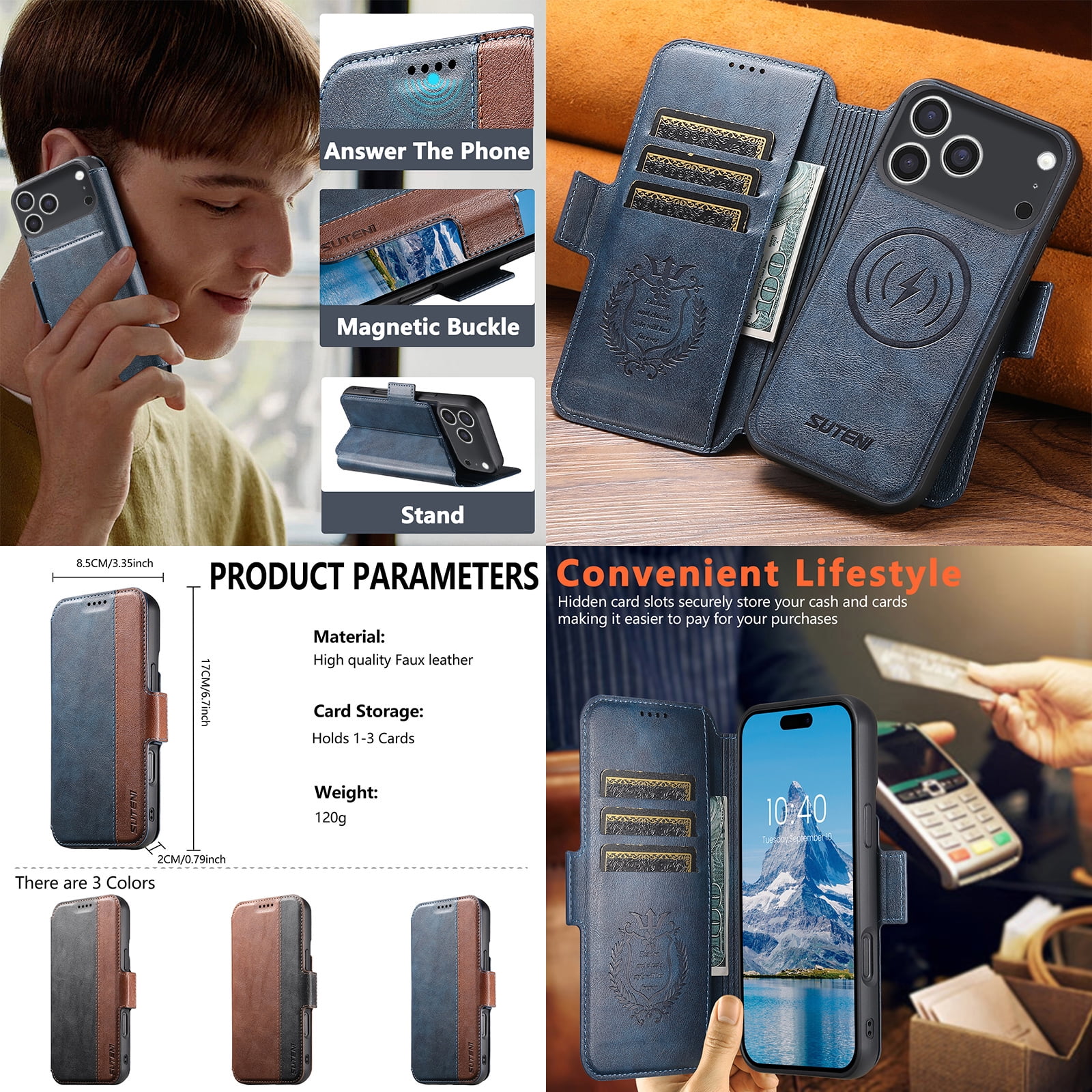 PU Leather for iPhone 17 Pro Max Case, 2 in 1 Detachable Wallet Case with Card Holder, Removable Flip Stand Folio Cover with RFID Blocking Phone Cover [Compatible with MagSafe],Blue