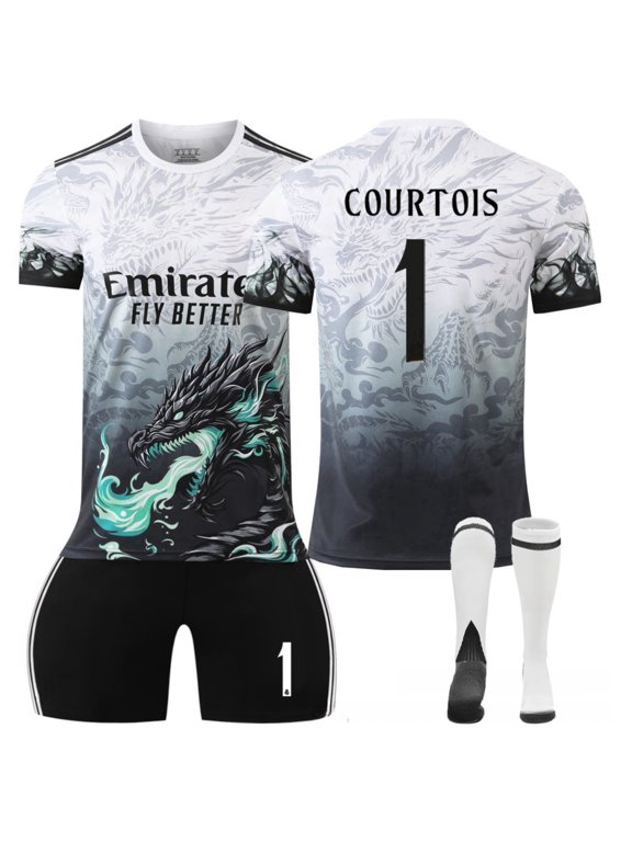 24/25 Cyan Dragon Pattern Activewear Soccer No.1 Courtois Fans Training Football Jersey Athletic Outfit Sets