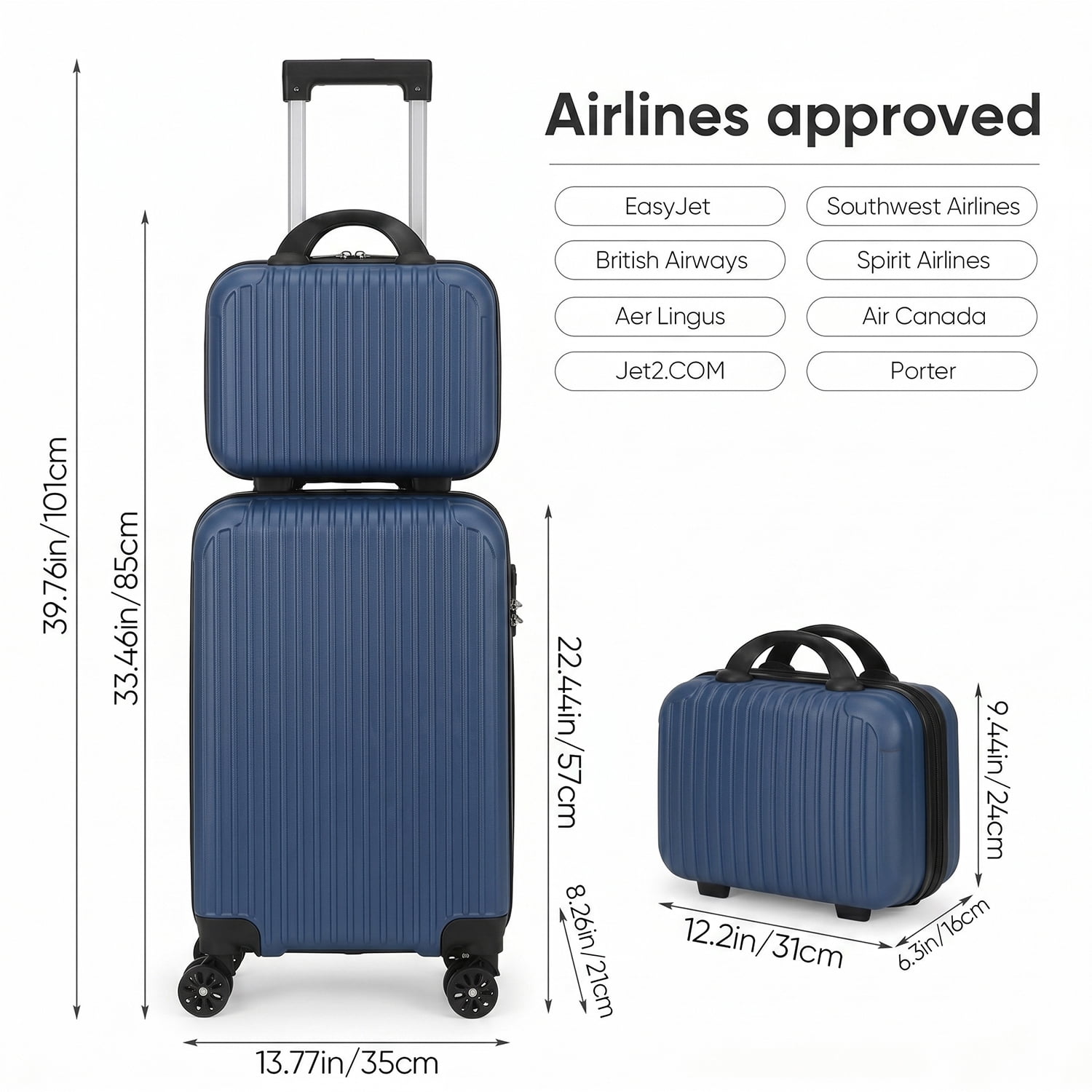 2 Piece Vertical Striped Luggage Set, Carry On Hardside Suitcase with Spinner Wheels & TSA Lock, Lightweight Travel Luggage with Cosmetic Case Blue