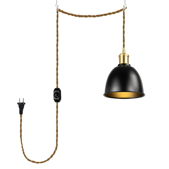 KAYYELAMP 15ft Plug in Dimmable Cord Hanging Light Brass Base Black Metal Shade Modern Pendant for Farmhouse Home Store(No Bulb)