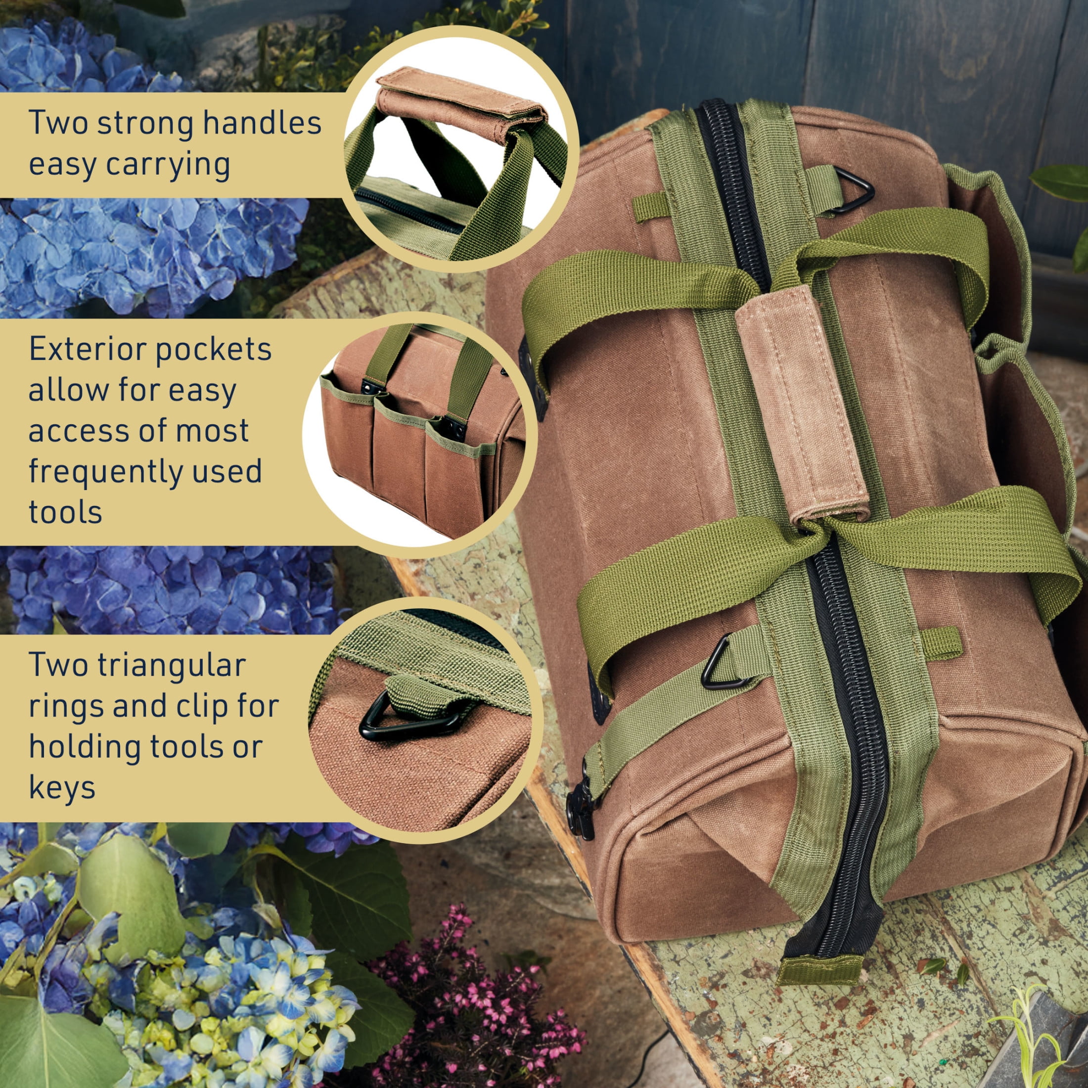 Kings County Tools 11.75” Heavy Duty Waxed Canvas Tool Bag or Garden Caddy for Gardening Supplies