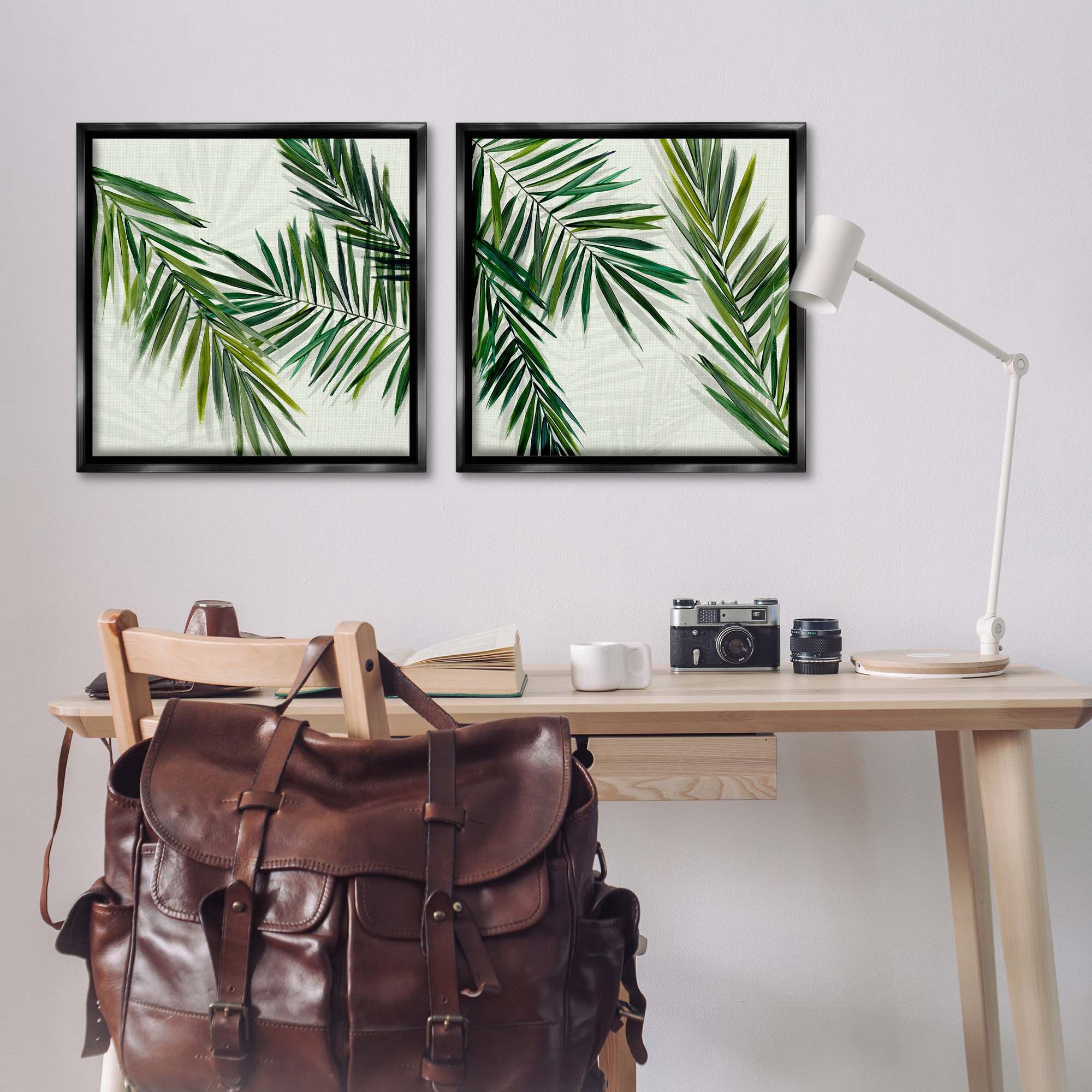 Stupell Industries Palm Fronds over Neutral Plants & Flowers Painting Black Floater Framed Canvas Art Print Wall Art, 25 x 25, Set of 2