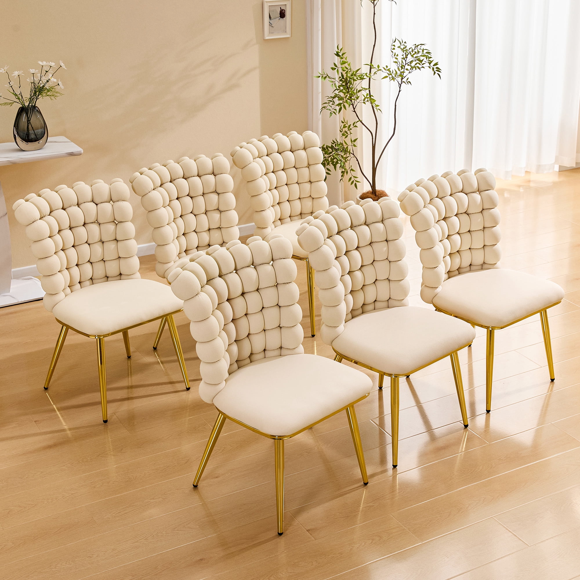 Leumius Set of 2 Luxury Bubble Tufted Swivel Chair, Premium Velvet Upholstered Accent Chair with Gold Metal Frame, Ergonomic Space-Saving Desk Chair for Modern Interiors Beige