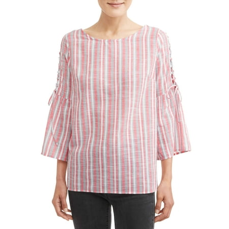 - Women's Bell Sleeve Lace Up Stripe Top