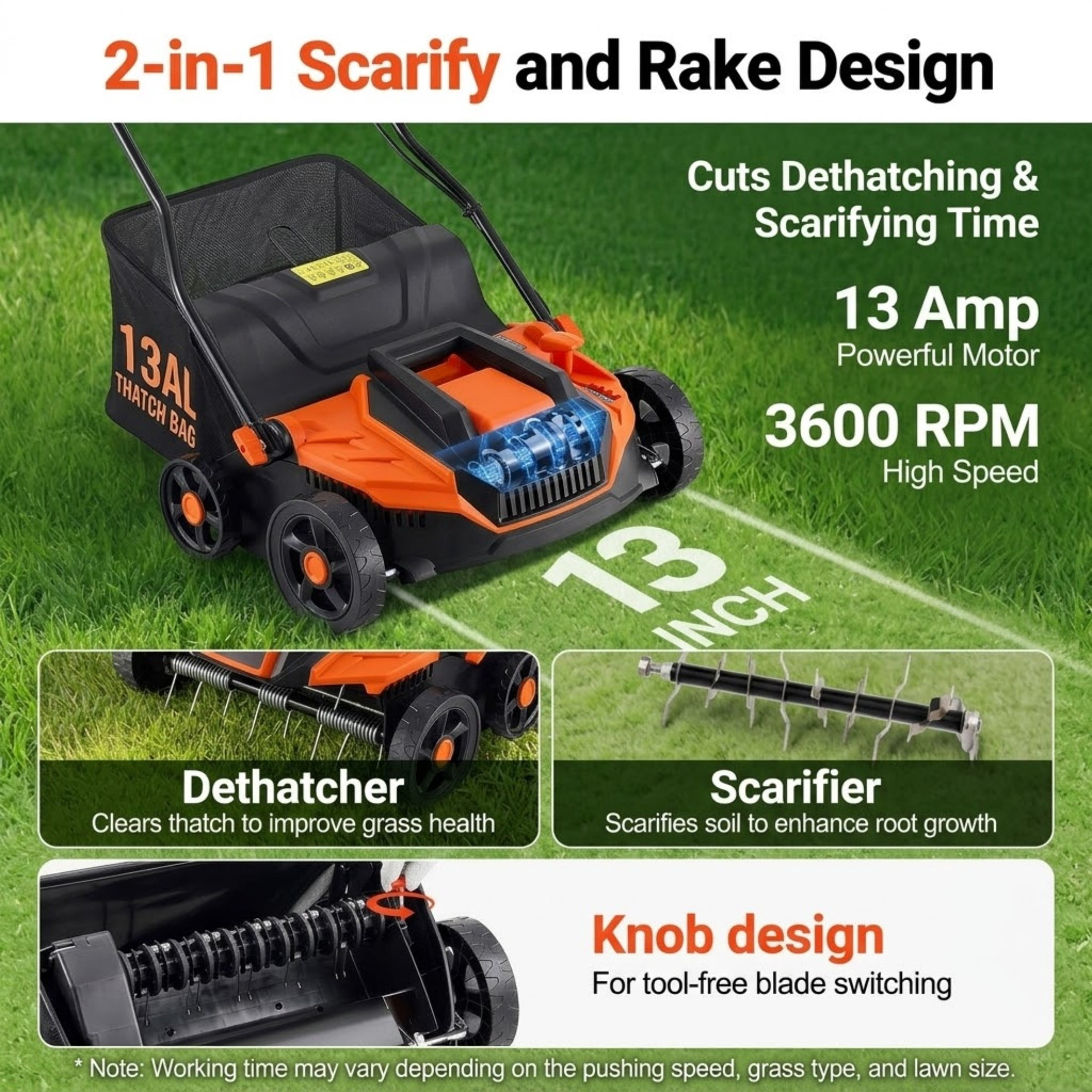 13-Inch 13 Amp Electric Dethatcher and Scarifier, 2-in-1 Corded Lawn Dethatcher with 13-Gallon Collection Bag & 5-Position Depth Adjustment