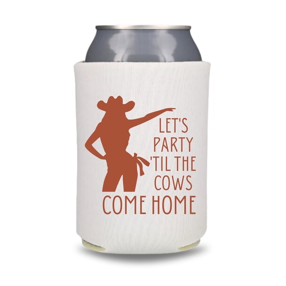Fall Wedding Can Coolers, Let's Party 'Til The Cows Come Home, Wedding Party Gift and Souvenir, Couple Beer Sleeves (White)