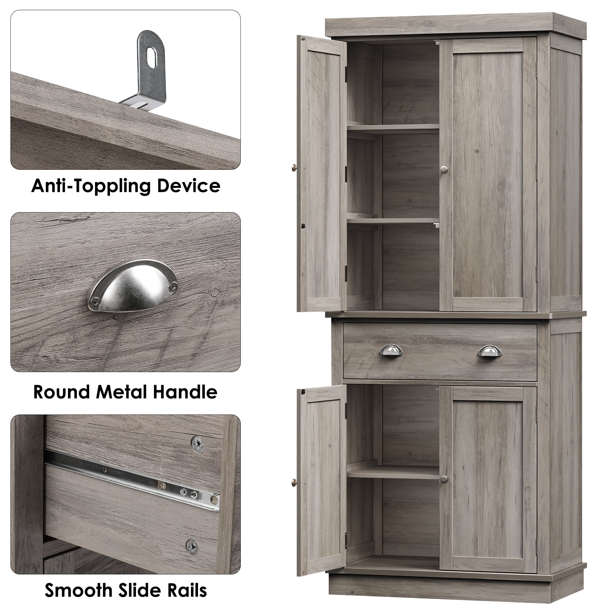 Homfa 72.4'' Tall Kitchen Pantry with 4 Doors, Large Drawer Storage Cabinet for Dining Room Living Room, Brown