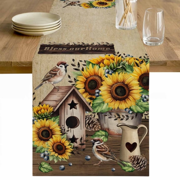 Farmhouse Sunflowers Table Runner - 72 Inch Long Western Star Vintage Sparrows Cotton and Linen Blended Dress Scarves Farmhouse Table Runner for Kitchen Dining, Coffee Table, 13" x 72"