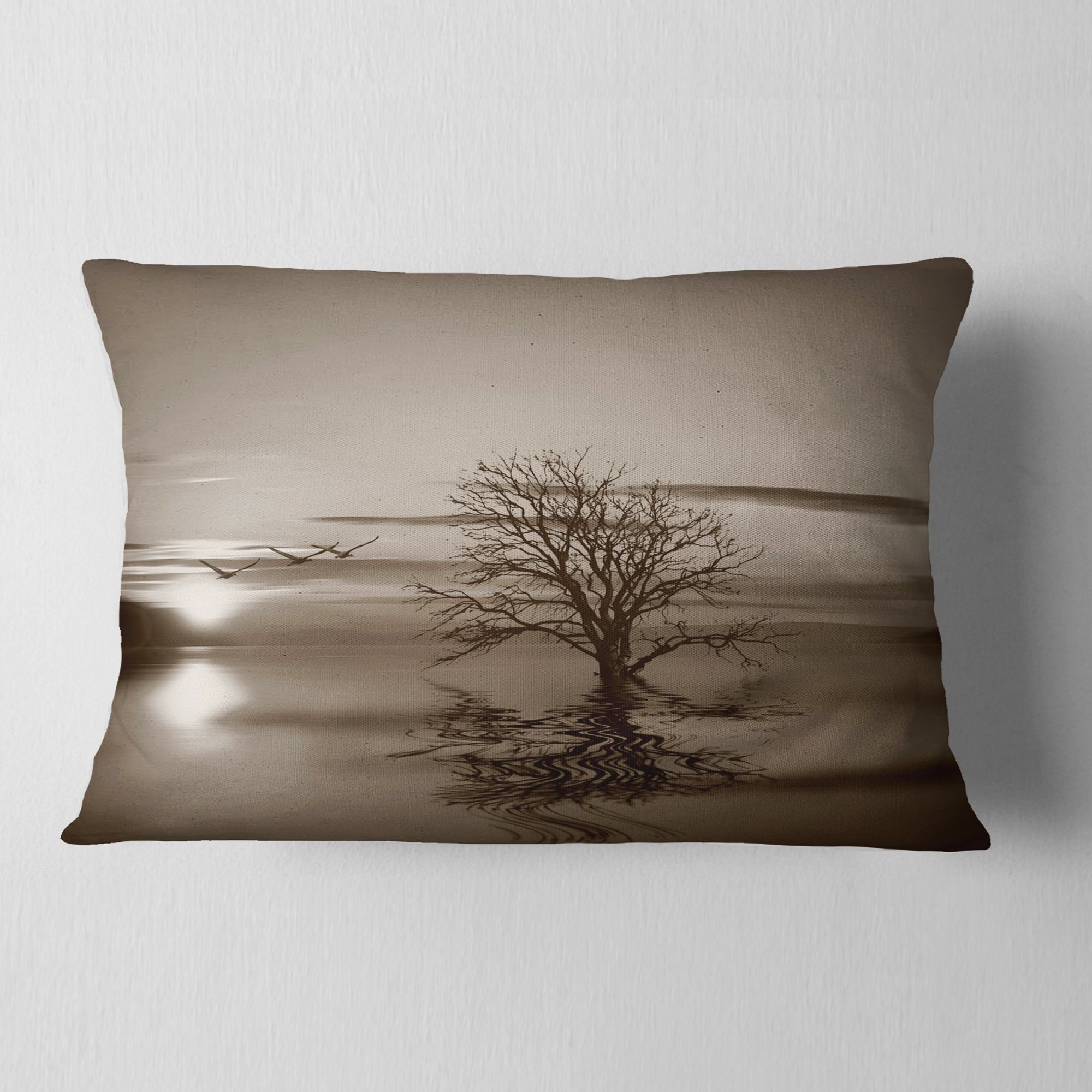 Designart Flying Birds and Lonely Tree - Landscape Printed Throw Pillow - 12x20