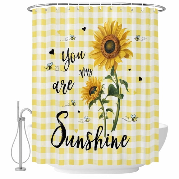 Sunflowers Shower Curtain, Waterproof Shower Curtains for Bathroom, Spring Summer Bees Floral Yellow Plaid Washable Fabric Bathtub Curtain Set Bath Decor with 12 Hooks 72"x78"