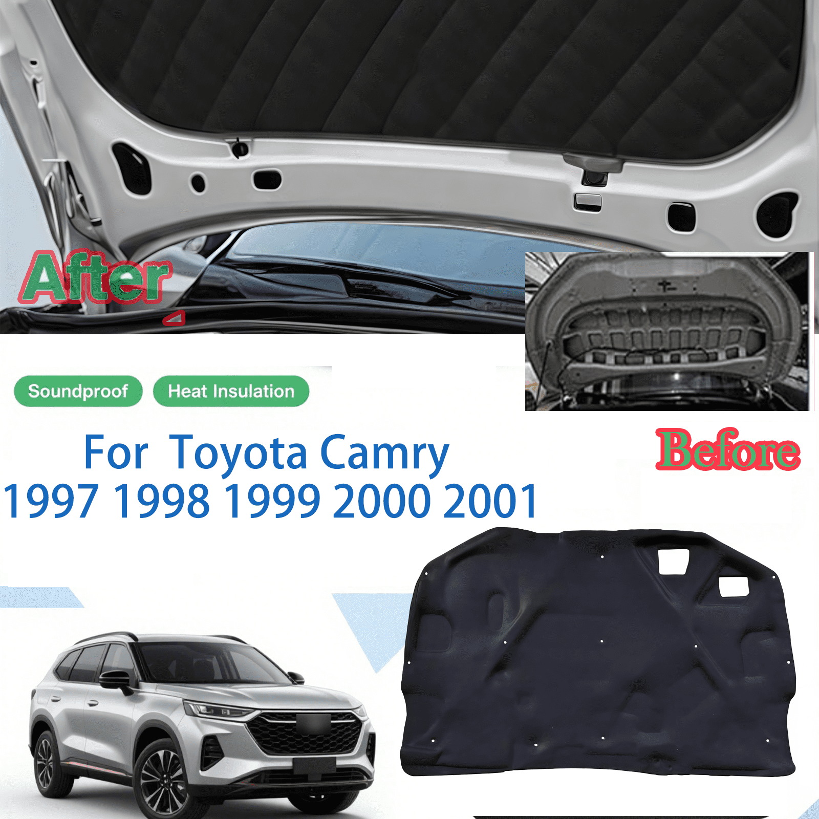 Car Front Engine Hood Pad For Toyota Camry 1997-2001, Heat Sound Insulation Mats Cotton Front Hood Engine Mat Pad Flame Retardant Insulation Cotton Fireproof Cover-C