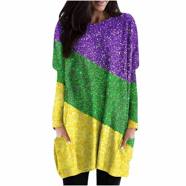 Timegard Womens Tops Crew Neck Long Sleeve Color Block Glitter Loose Long Tops with Pockets Club Wear